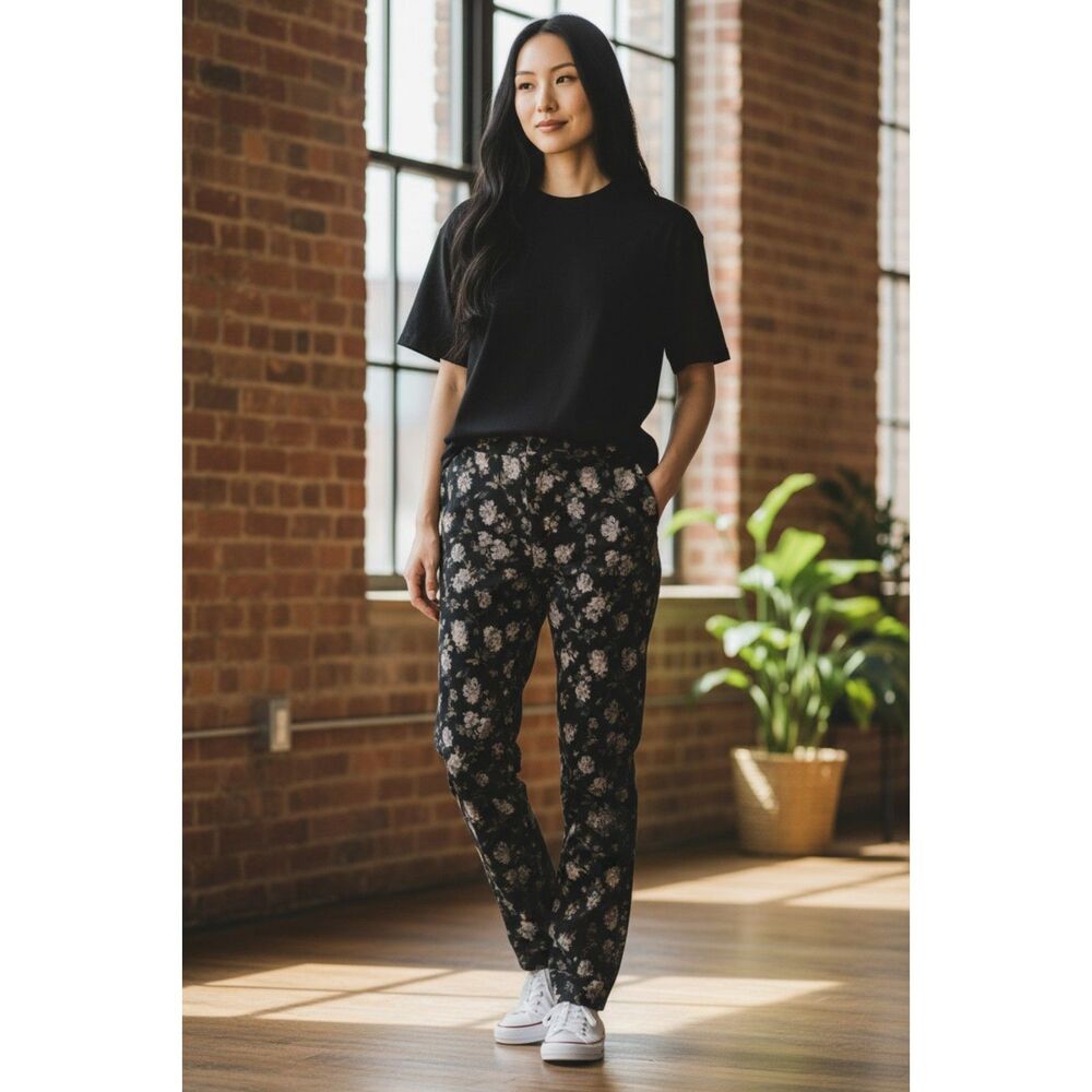 Jones Studio Women's Floral Wide Leg Pull On Pants With Elastic Waist Size L NWT